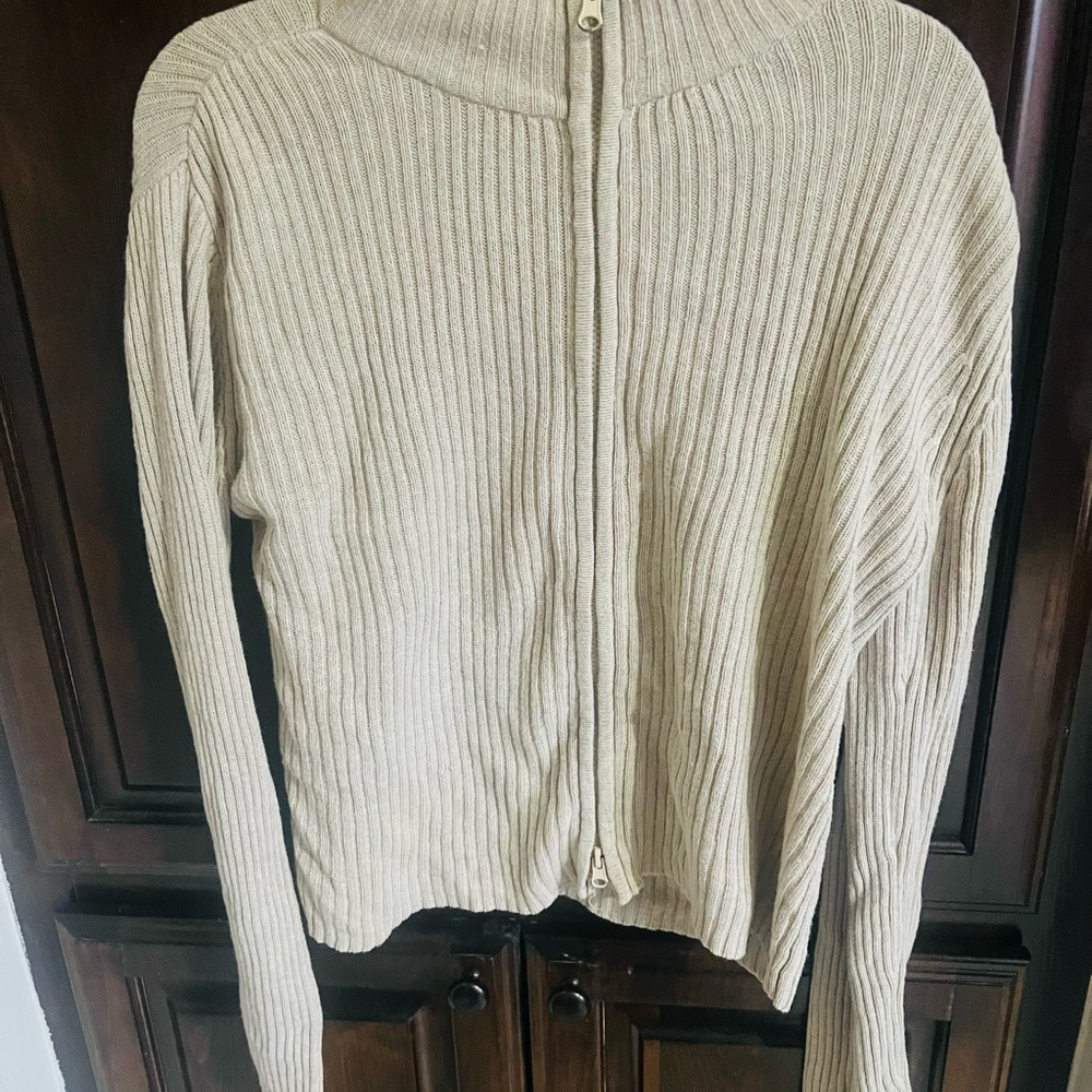 Aeropostale Cream Ribbed Zip Up Sweater Mock Neck Cotton Ramie Medium